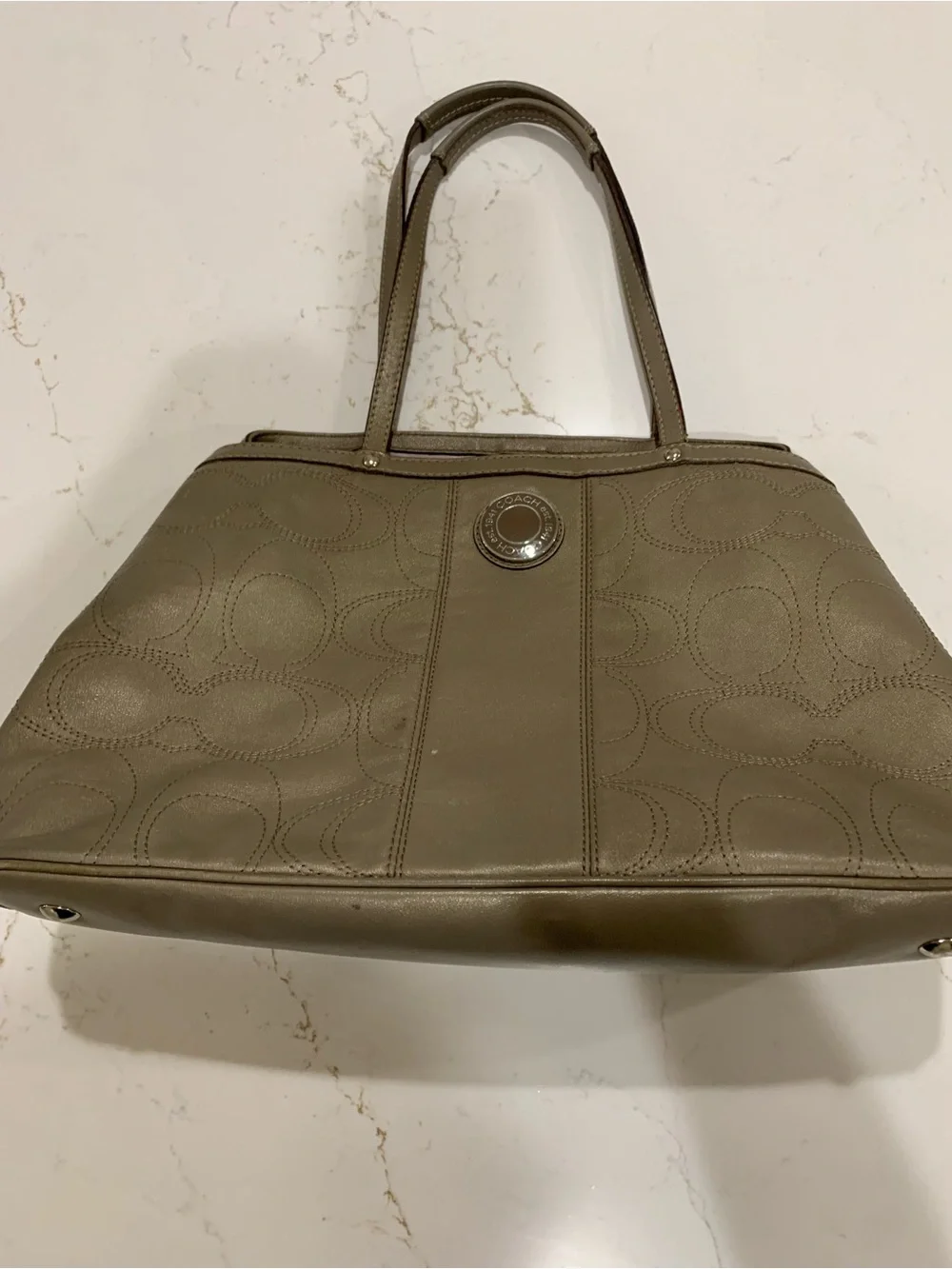 Coach Olive-Taupe Signature Shoulder Leather Tote Bag